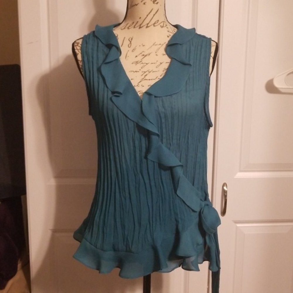 Sunny Leigh Blue Pleated Ruffle blouse